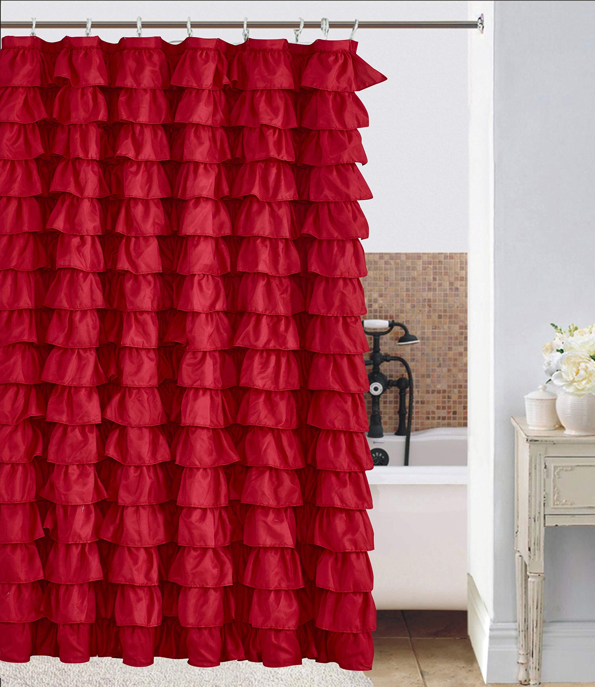 Waterfall Ruffled Fabric Shower Curtain RED)