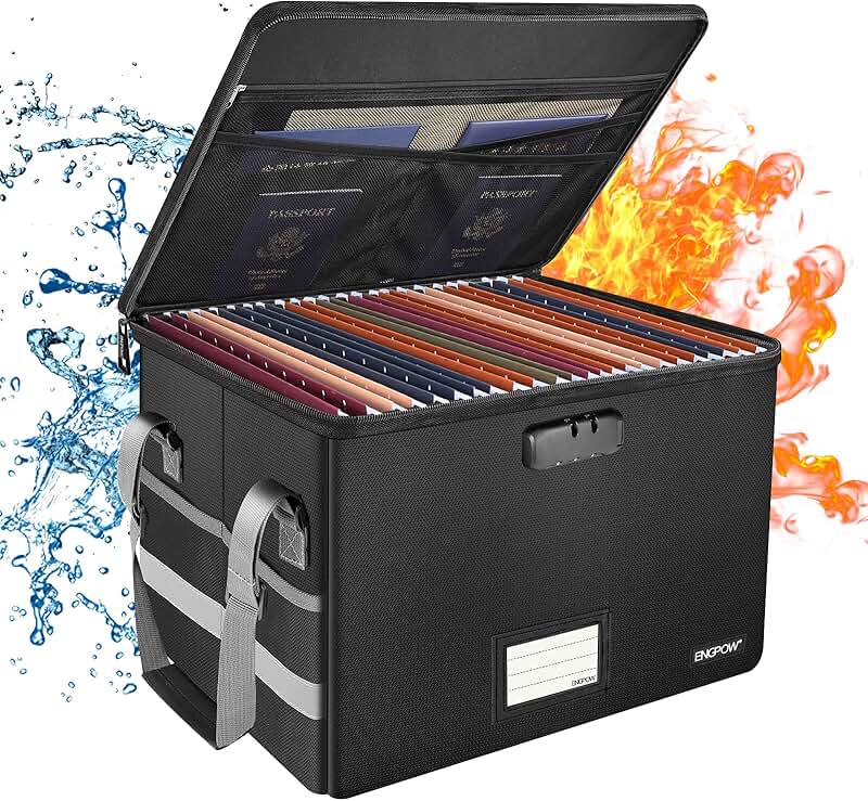 Fireproof Locking File Box with Pockets and Handle