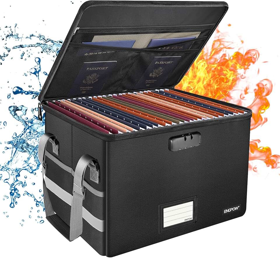 Fireproof Locking File Box with Pockets and Handle