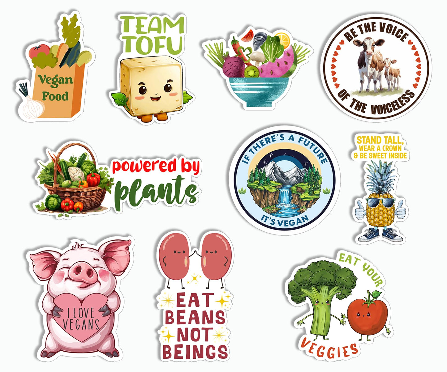 Set of 10 cute veggie stickers for bottles and laptops