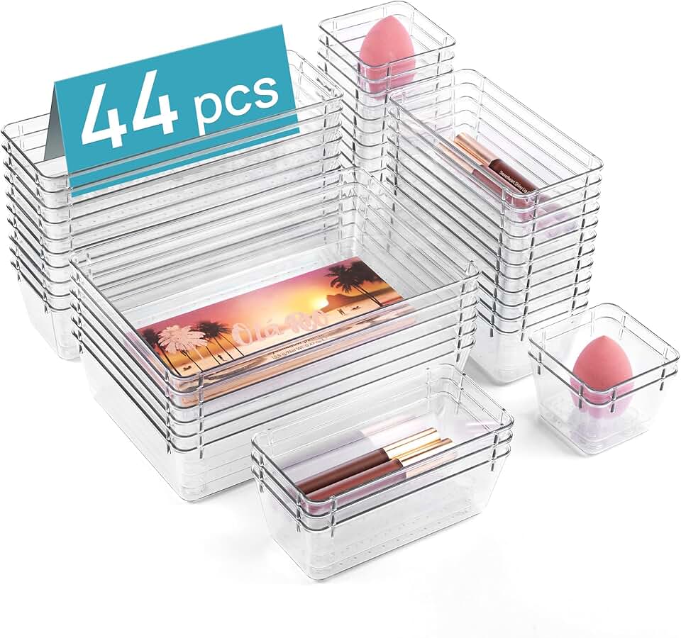 44-Piece Clear Plastic Drawer Organizer Set
