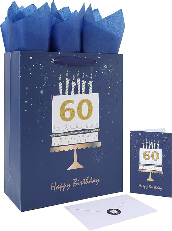 Large 60th Birthday Gift Bag with Card and Tissue