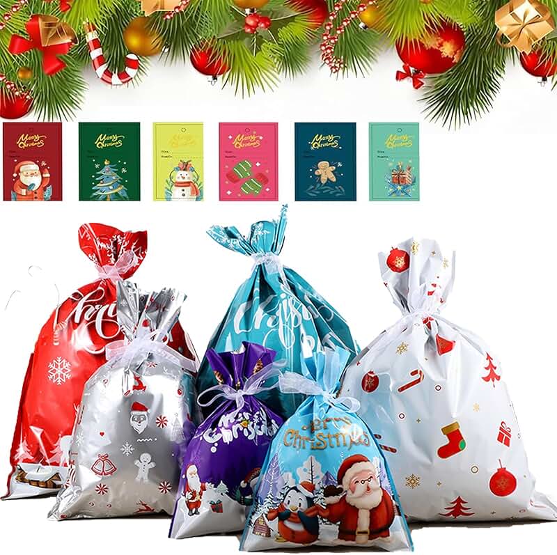 Set of 30 Christmas Gift Bags with Ribbons and Cards