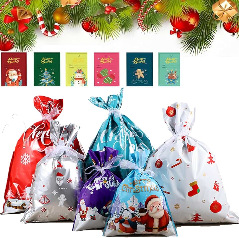 Set of 30 Christmas Gift Bags with Ribbons and Cards