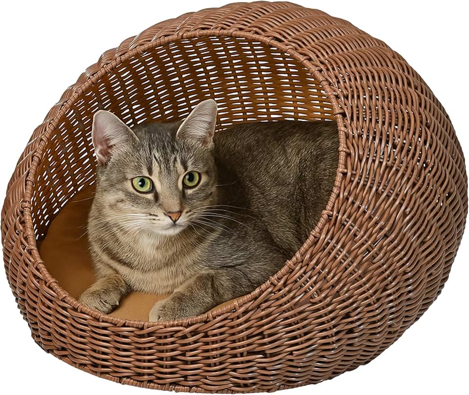 Modern Circular Faux Wicker Pet Bed with Washable Cushion