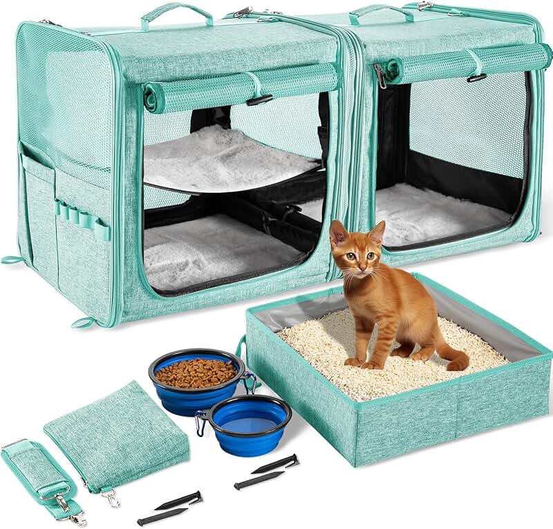 Cat Carrier for Two Cats with Litter Box and Bowls