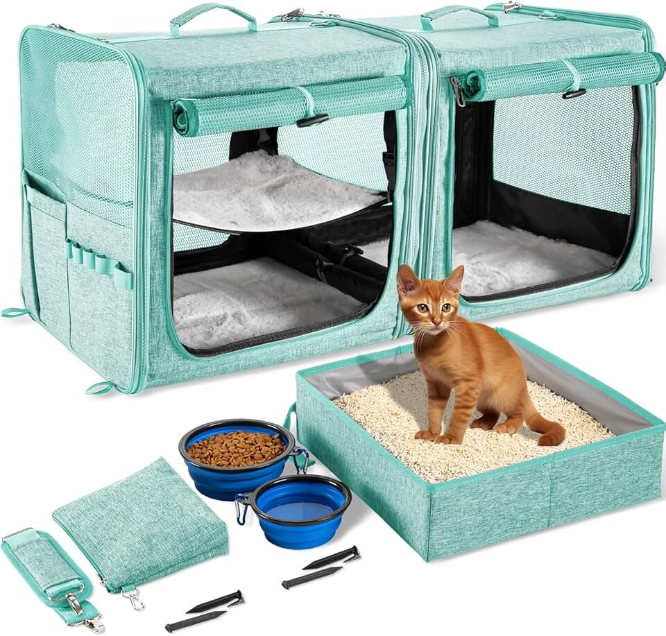 Cat Carrier for Two Cats with Litter Box and Bowls