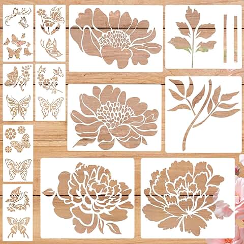 Set of 12 Reusable Craft Paint Stencils with Flowers and Butterflies