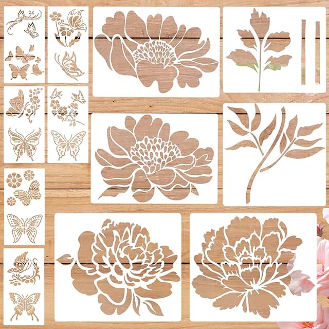 Set of 12 Reusable Craft Paint Stencils with Flowers and Butterflies