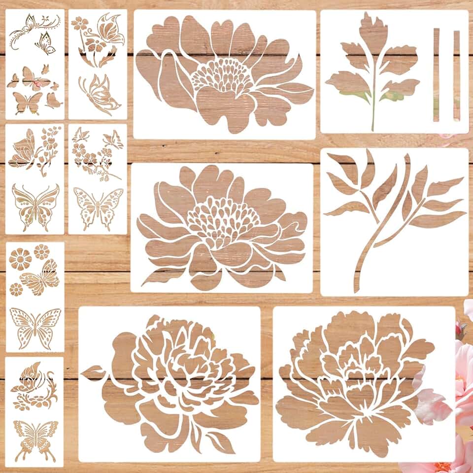 Set of 12 Reusable Craft Paint Stencils with Flowers and Butterflies