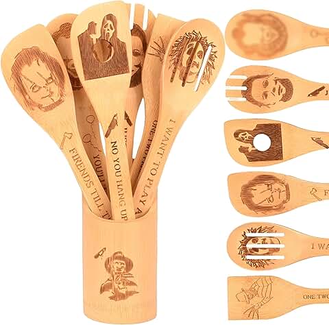 Set of 7 Halloween Bamboo Spoons with Holder