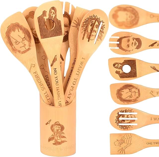 Set of 7 Halloween Bamboo Spoons with Holder