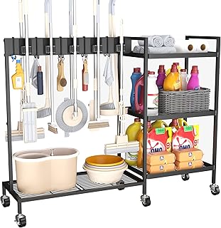 Metal cleaning cart with wheels and adjustable clips