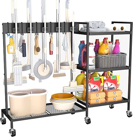 Metal cleaning cart with wheels and adjustable clips