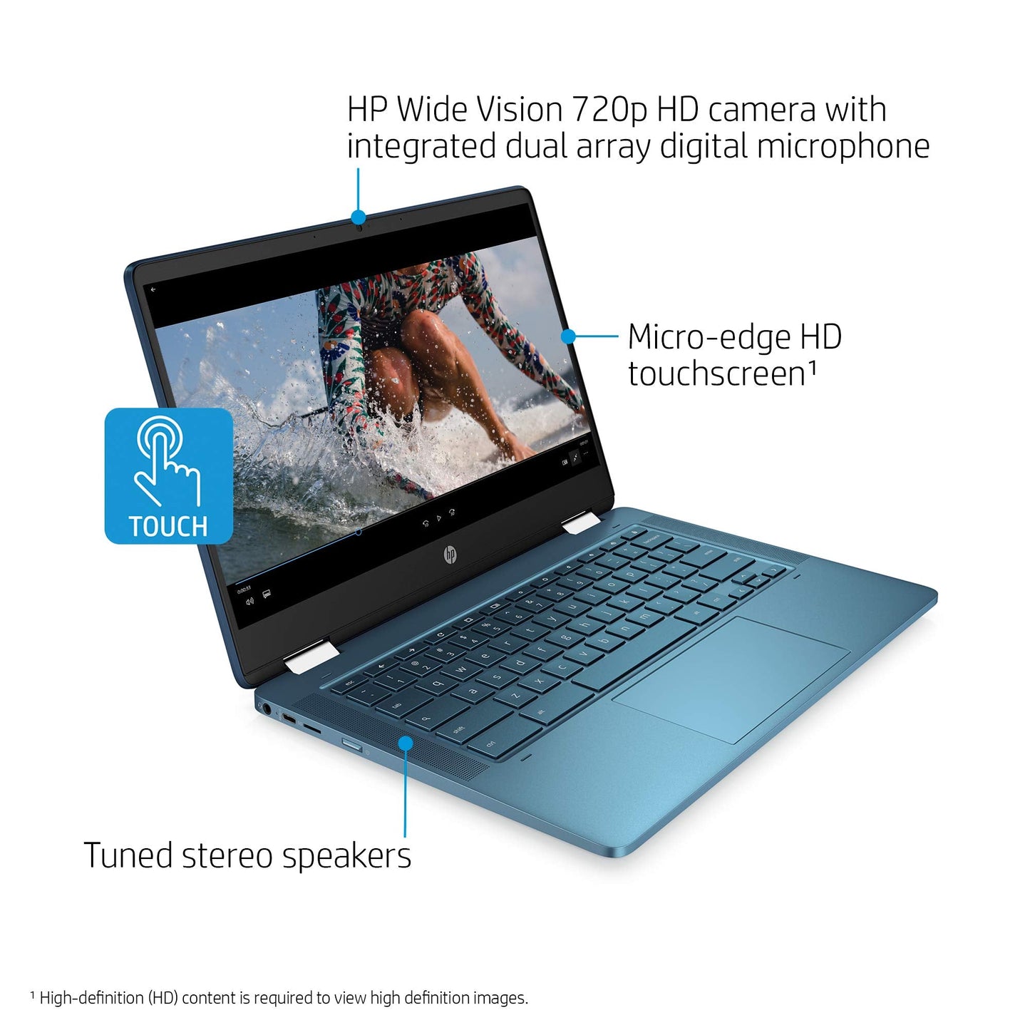 Laptop X360 14a Chromebook 14" HD Touchscreen, Entertaining from Any Angle Intel Celeron, 4GB DDR4 64GB eMMC WiFi Webcam Stereo Speakers Bluetooth 4.2 Chrome Blue Metallic Color (Renewed)