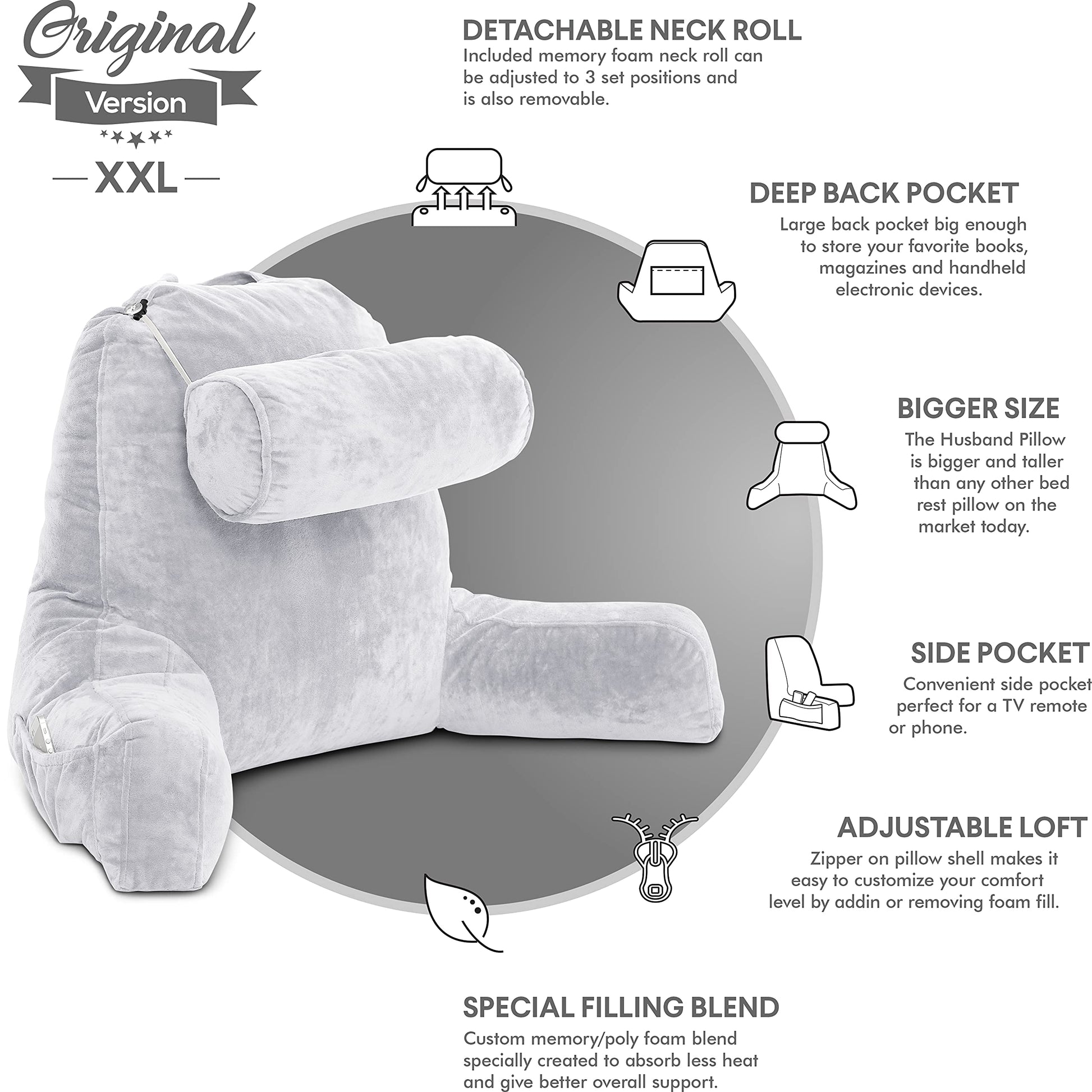 XXL Light Grey Backrest with Arms  Adult Reading Shredded Memory Foam, Ultra-Comfy Removable Microplush Cover  Detachable Neck Roll, Unmatched Support Sit Up Bed Rest Chair