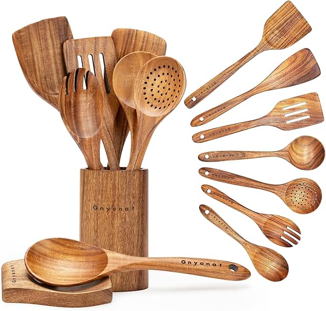 Set of 9 Wooden Cooking Spoons and Utensils
