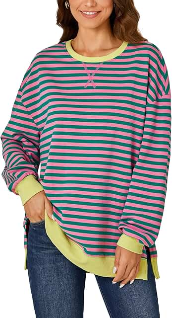 Women's Oversized Striped Color Block Long Sleeve Crewneck Sweatshirt
