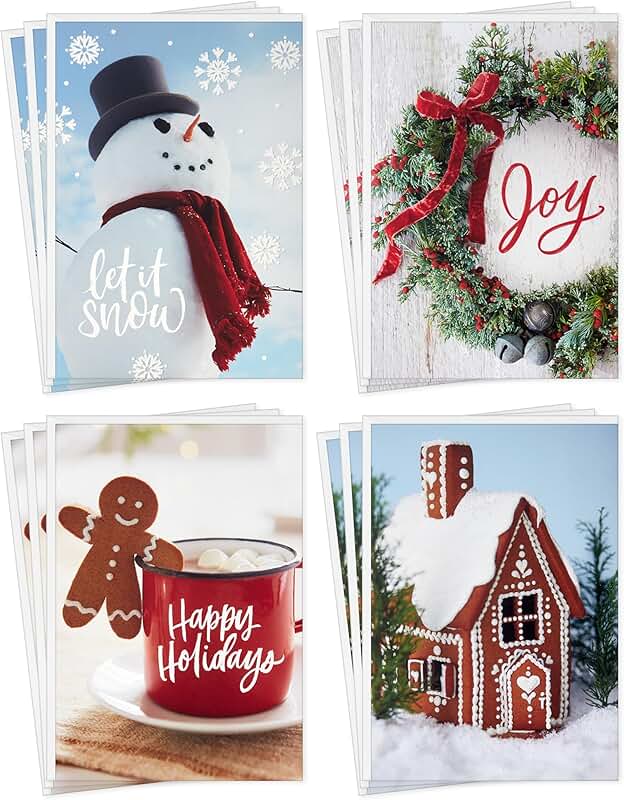 Holiday Card Set with Snowman, Gingerbread, and Wreath
