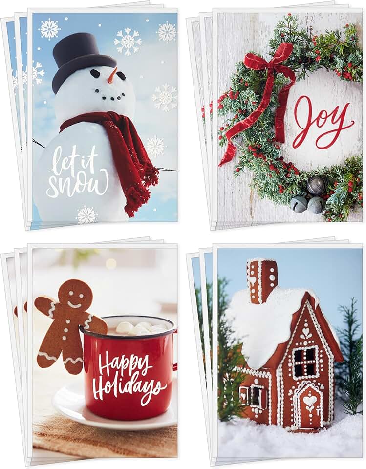 Holiday Card Set with Snowman, Gingerbread, and Wreath
