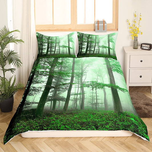 Tree Lush Bedding Set Dense Birch Trees with Green Leaves Duvet Cover Jungle Nature Botanical Print Comforter Cover, Mystical Under Heavy Fog Tall Trees Bed Set, Black Grey Queen Size