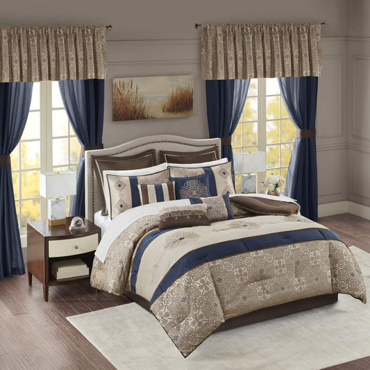 Essentials Delaney 24-Piece Room In A Bag Comforter Set- Jacquard All Season Bedding, Sheets, decorative pillows and Curtains, Valance, King 104 in x 92 in), Medallion Navy