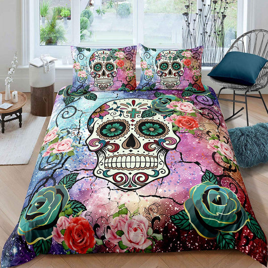 Sugar Skull Comforter Cover Set Twin Size Teen Girl Bedding Set Sugar Skull Decor Bedding Skull Bones Skeleton Roses Floral Print Duvet Cover Decorative Soft Bedding Cover Zipper 2 Pcs