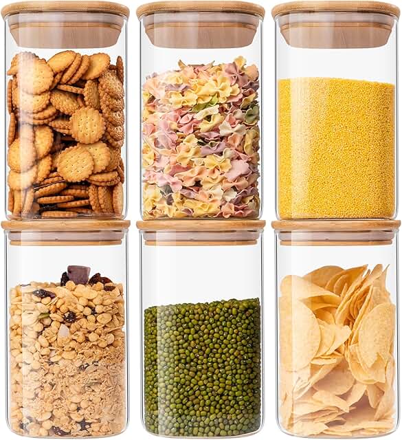 Set of 6 Clear Glass Food Storage Jars, 37 oz