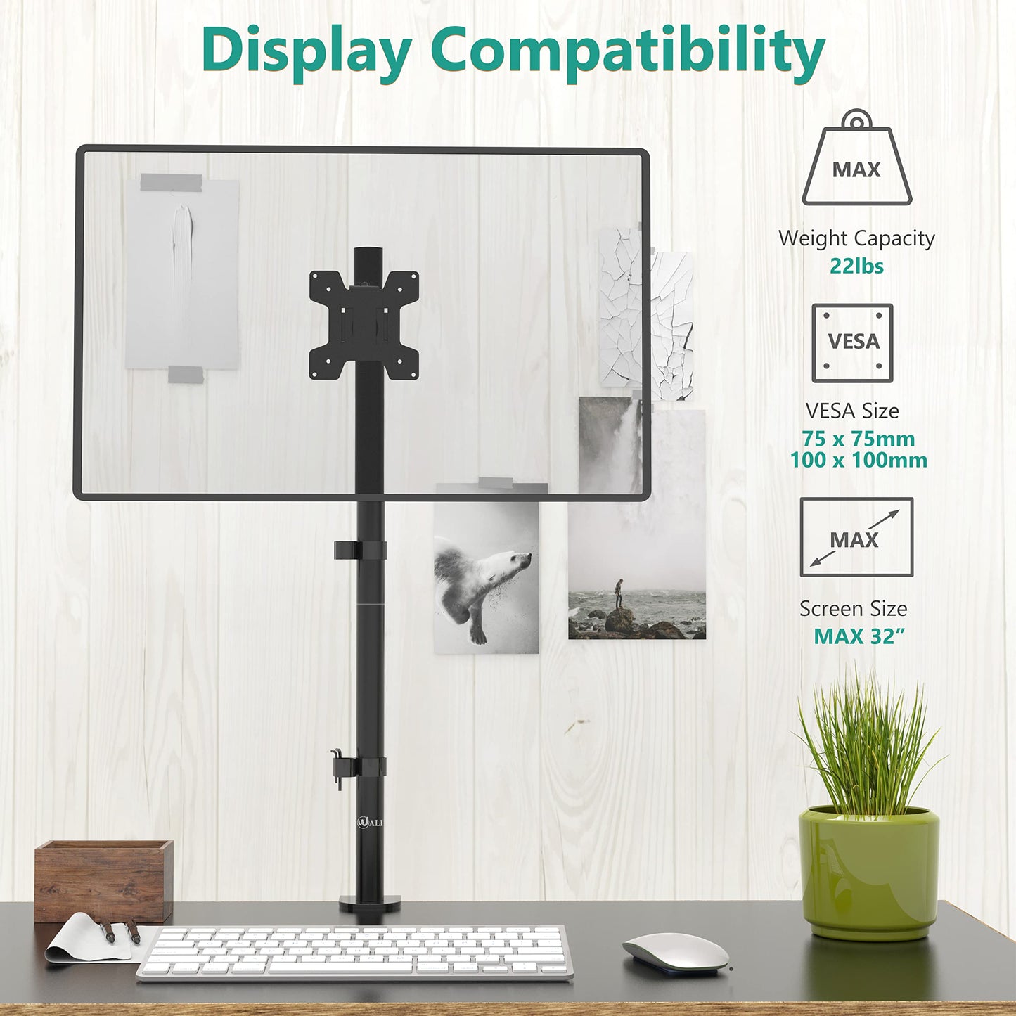Monitor Arm Mount for Desk, Single Extra Tall VESA Computer Desk Mount, Monitor Bracket Mount Stand Single, up to 32 inch, 22 lbs (M001XL), Black