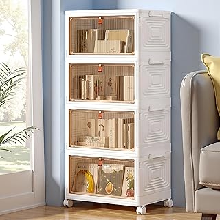 Four-tier stackable storage boxes with wheels and magnetic doors