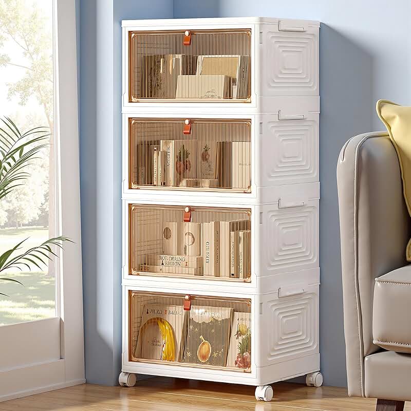 Four-tier stackable storage boxes with wheels and magnetic doors
