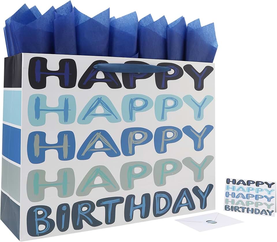 Large Blue Happy Birthday Gift Bag with Handles