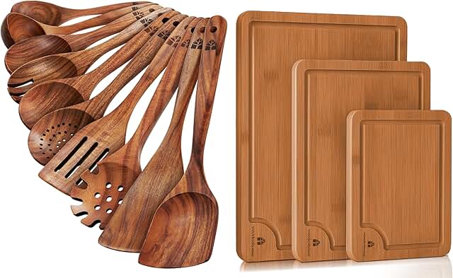 10 Wooden Spoons and 3 Cutting Boards for Kitchen