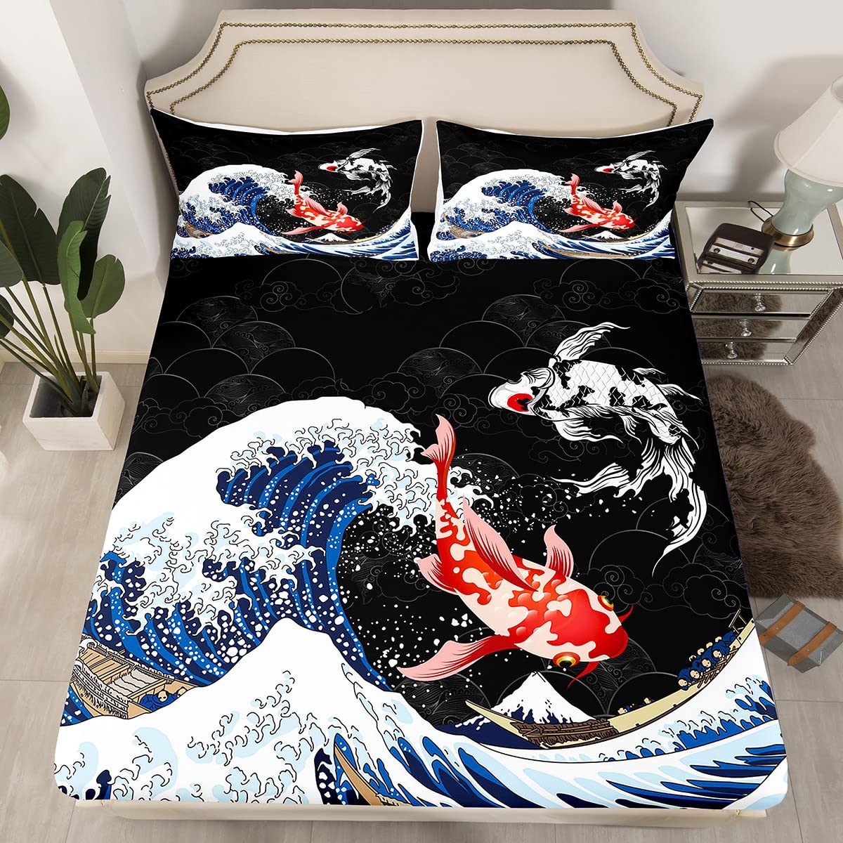 Ukiyoe Fish Bed Sheets Ocean Surfing Koi Toddler Sheet Set Kids Boys Adult Style Exotic Koi Animal Bed Set Exotic Style Sheets Bedroom 4Pcs Full Size