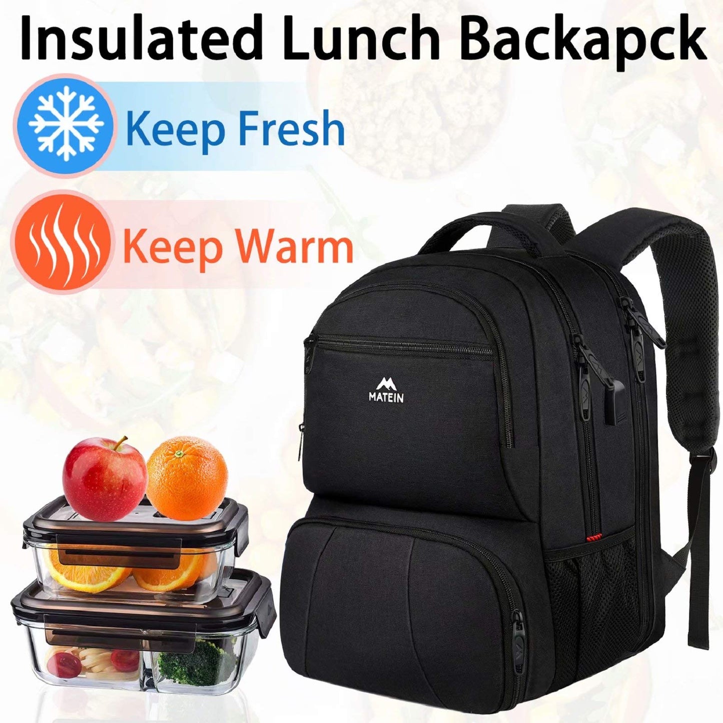 Lunch Backpack for Men, 17 Inch Insulated Cooler Backpack Lunch Box Backpack with USB Charging Port, Water Resistant Computer School Bookbag College Laptop Backpack for Picnic Travel, Black