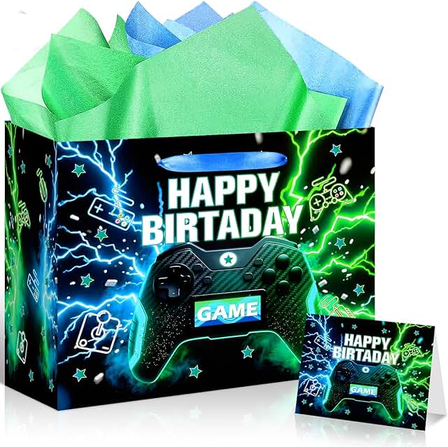 Video Game Birthday Gift Bag with Tissue and Card