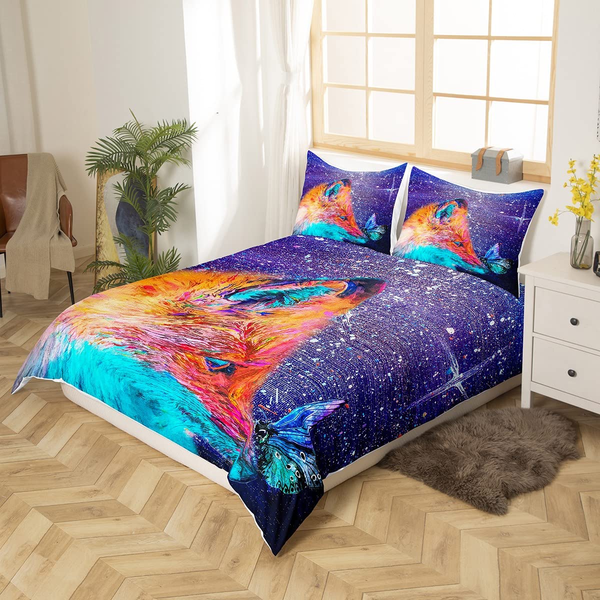 Fox Print Bedding Set Cartoon Fox Butterfly Comforter Cover for Kids Adult 3D Animal Theme Purple axy Painting Duvet Cover Bedspread Cover Room Decor 3Pcs with 2 Pillow Case King Size