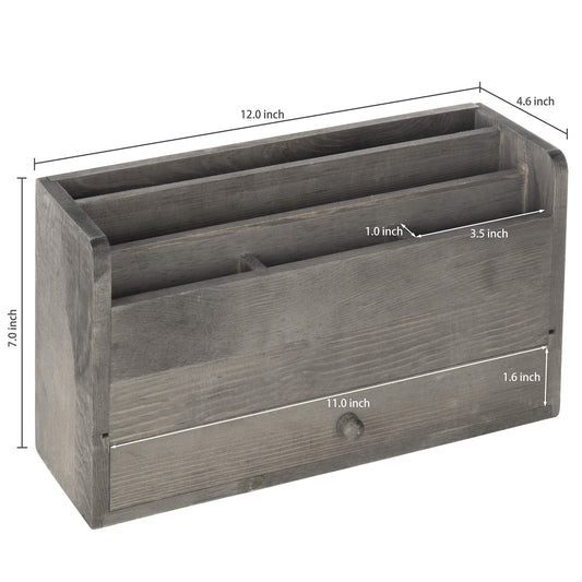 Rustic Gray Wooden Desk Organizer with 5 Slots and Drawer