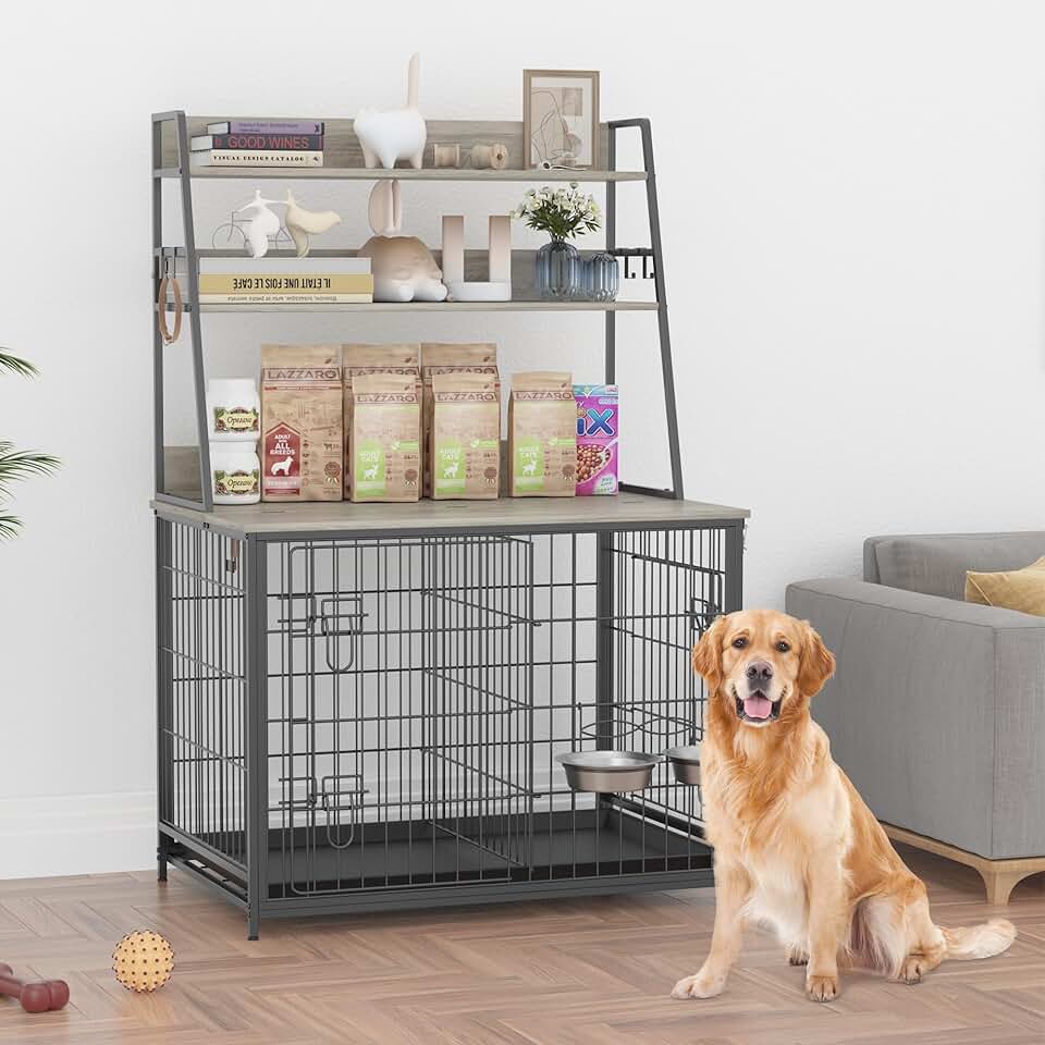 Dog crate furniture with flip-up top and storage