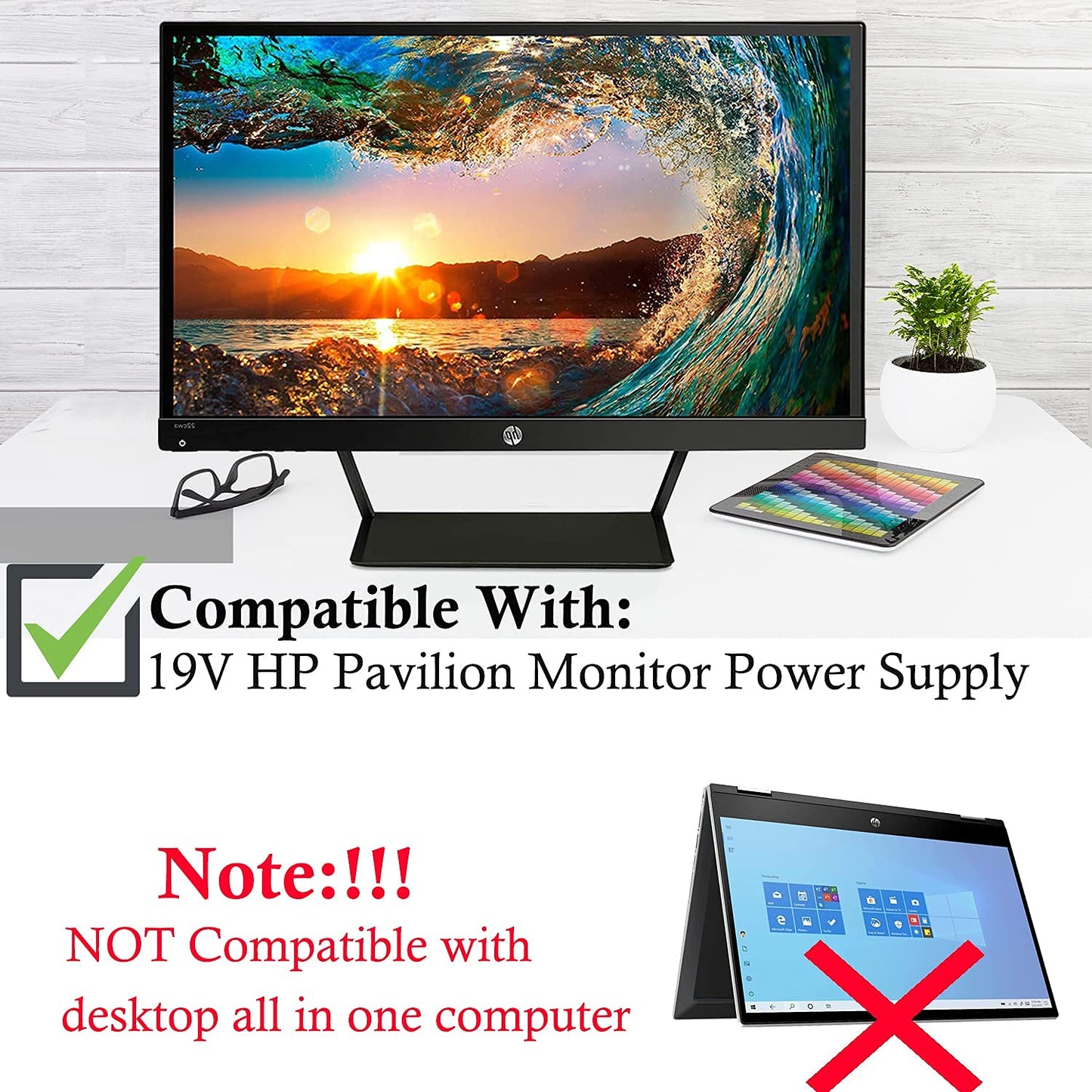 for HP Monitor Power Cord 27" 25" 23.8" 23" 21.5" 20" 19V Power Supply HP Monitor 27f 24f 22cwa 24m 23er 23es 27eb 32f vh240a 24ea 27 25vx 27es ADPC1945 IPS LED Backlit Full HD Display