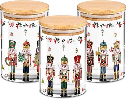 Set of 3 Christmas Glass Storage Jars with Bamboo Lids