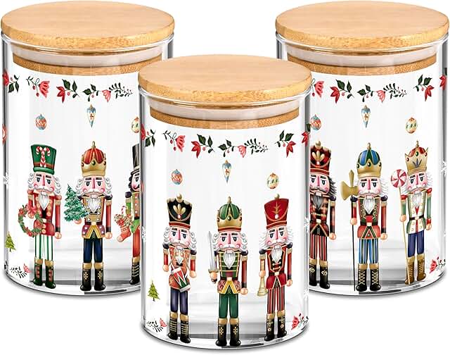 Set of 3 Christmas Glass Storage Jars with Bamboo Lids