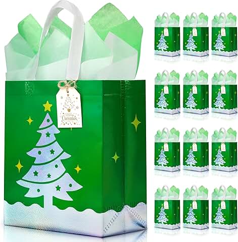 12 Green Christmas Gift Bags with Tissue and Cards
