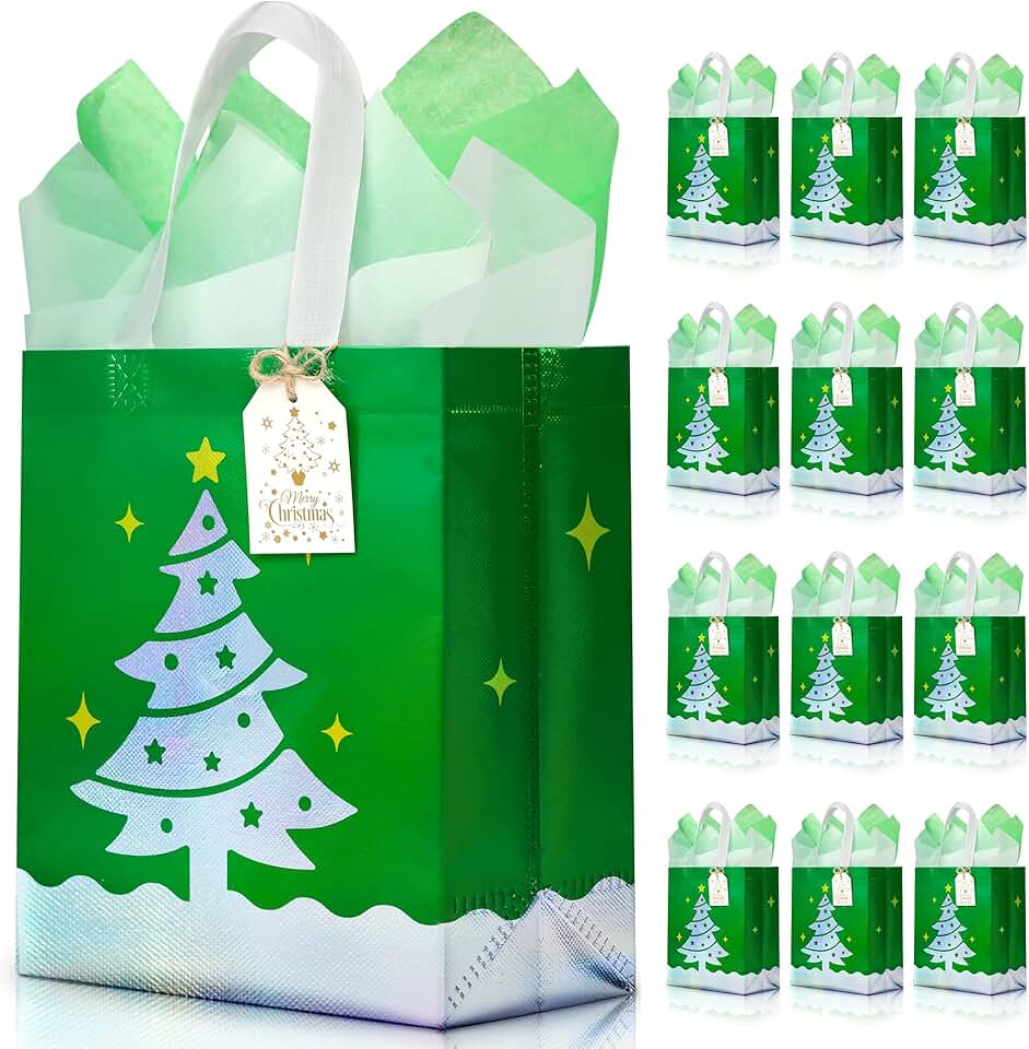12 Green Christmas Gift Bags with Tissue and Cards