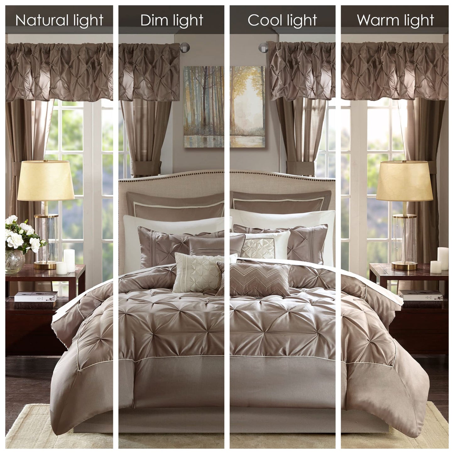 Essentials Room in a Bag Faux Silk Comforter Set  Luxe Diamond Tufting All Season Bedding, Matching Curtains, Decorative Pillows, Taupe Queen(90"x90") 24 Piece