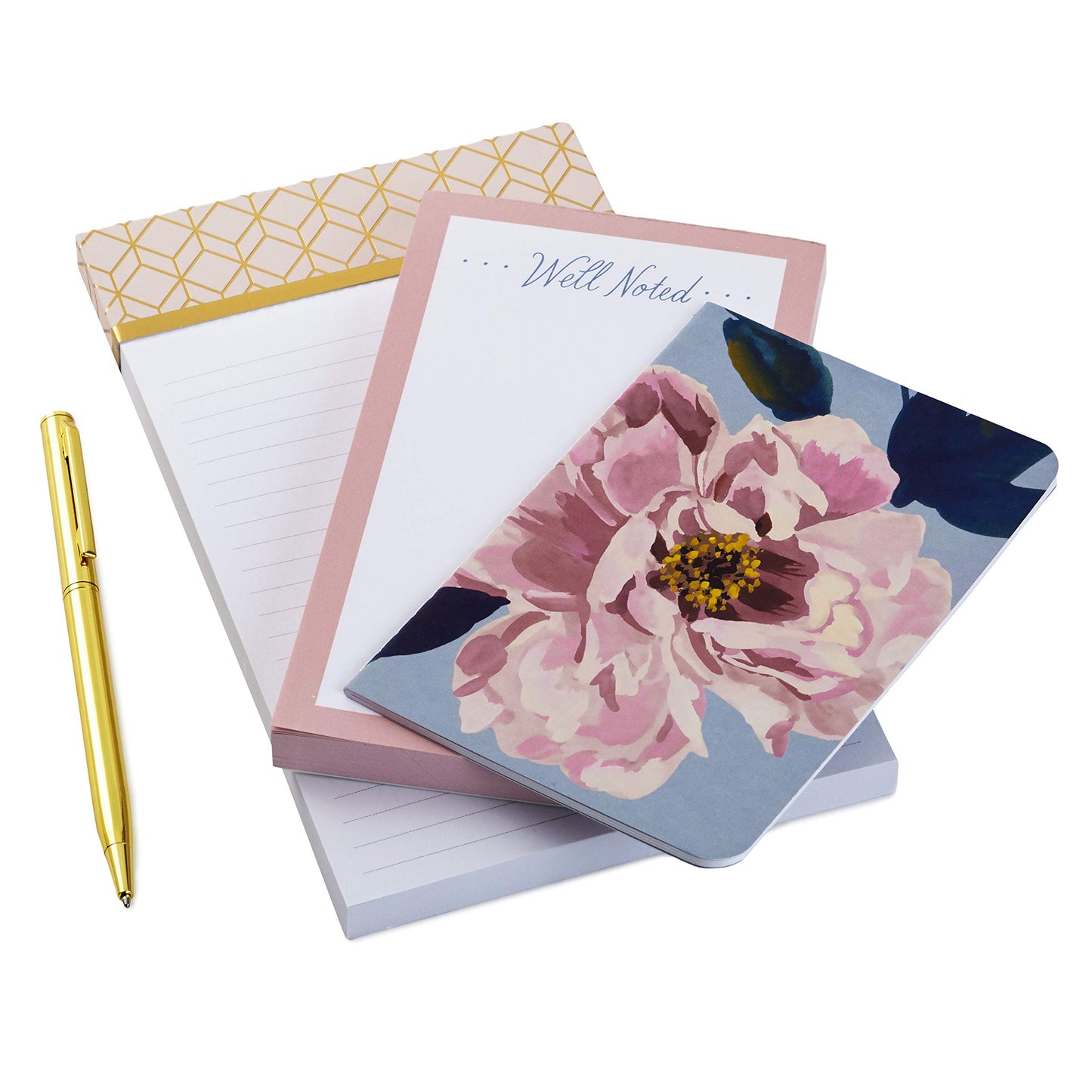 Set of three pink notepads with gold pen