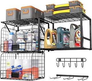 Wall Mounted Garage Shelf with Wire Baskets and Hooks