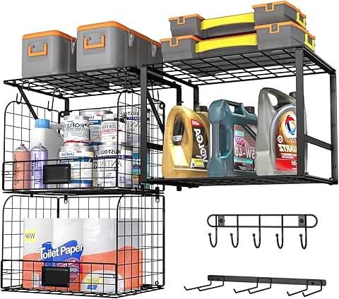 Wall Mounted Garage Shelf with Wire Baskets and Hooks