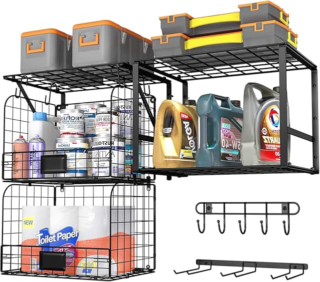 Wall Mounted Garage Shelf with Wire Baskets and Hooks