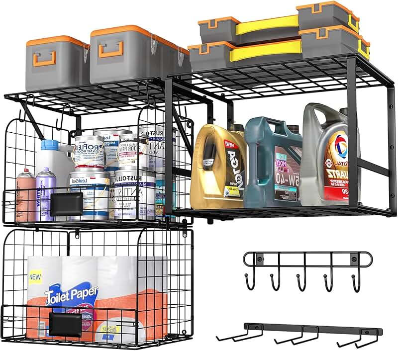 Wall Mounted Garage Shelf with Wire Baskets and Hooks